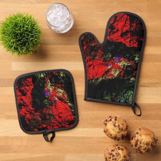 Ofen Mitt rot abstrakt und Pot Holders Textur Ofenhandschuh & Topflappen-Set (Oben Unten)