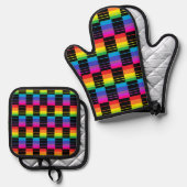 Ofen Mitt und Potholder mit Kariertem Regenbogen-M Ofenhandschuh & Topflappen-Set (Vorderseite/Rückseite)