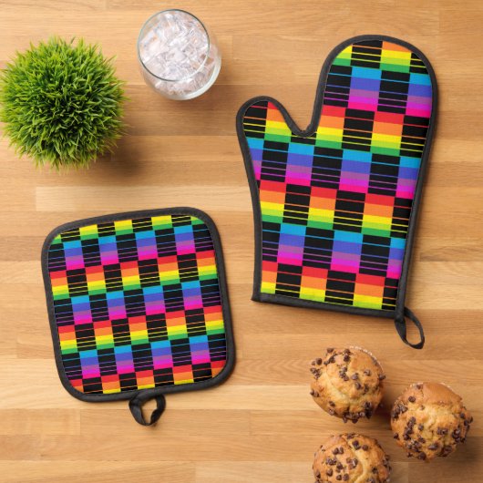 Ofen Mitt und Potholder mit Kariertem Regenbogen-M Ofenhandschuh & Topflappen-Set (Oben Unten)