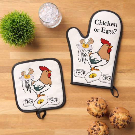 Ofen Mitt- und Potthalter Hühner oder Eier Ofenhandschuh & Topflappen-Set (Oben Unten)