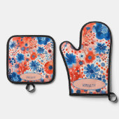 Ofen, rot, weiß und blau, blumenreich, Mitt und Tö Ofenhandschuh & Topflappen-Set (Vorderseite)