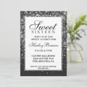 Off Black Glitzer Fab 16 . Geburtstag Einladung (Stehend Vorderseite)