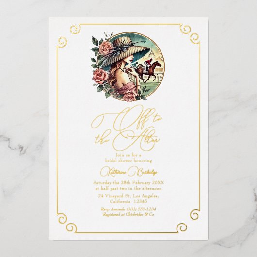 "Off to the Altar" Derby-Inspiriert Brautparty Folieneinladung (Vorderseite)