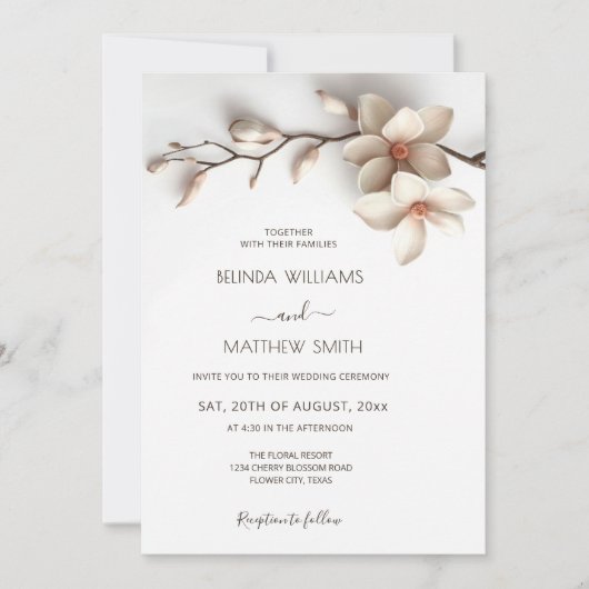 Off White 3 D Magnolia Flower Wedding Einladung (Vorderseite)