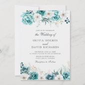 Off-White Aquamarin Floral Custom Foto Wedding Einladung (Vorderseite)