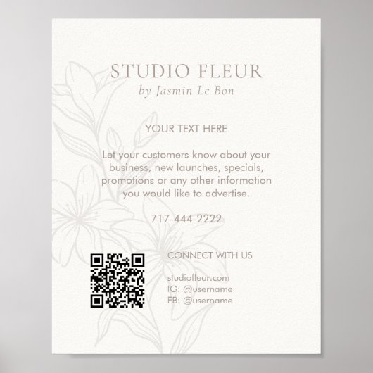 Off-White | Chic Floral Text Promotion QR Poster (Vorne)