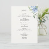 Off-White | Elegant Blue Beige Hydrangea Wedding Menükarte (Stehend Vorderseite)