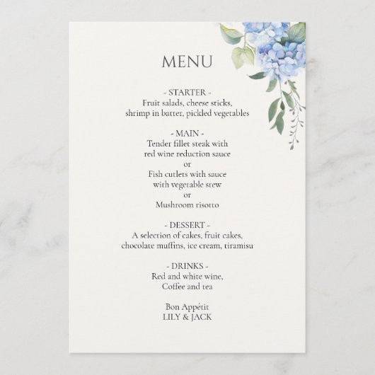 Off-White | Elegant Blue Beige Hydrangea Wedding Menükarte (Vorderseite)