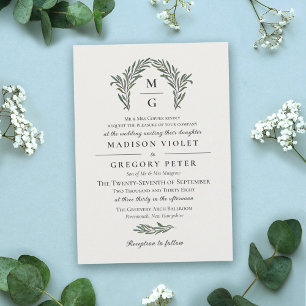 Off White Green Arch Wreath Monogram Wedding Einladung