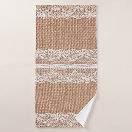 Off-White Lace auf Brown Burlap Texture Badehandtuch (Badehandtuch)