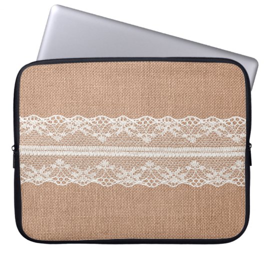 Off-White Lace auf Brown Burlap Texture Laptopschutzhülle (Vorderseite)