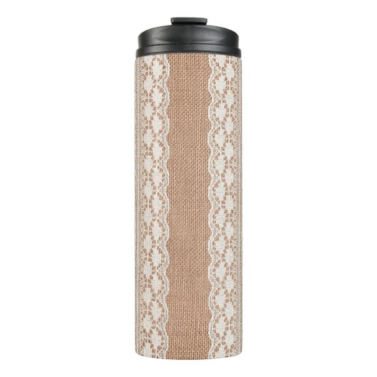 Off-White Lace auf Brown Burlap Texture Thermosbecher (Vorderseite)