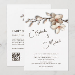 Off White Magnolia Erhabener Effekt Blumenhochzeit Einladung