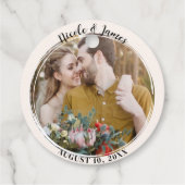 Off White Minimal Trendy Round Foto Wedding Geschenkanhänger (Rückseite)