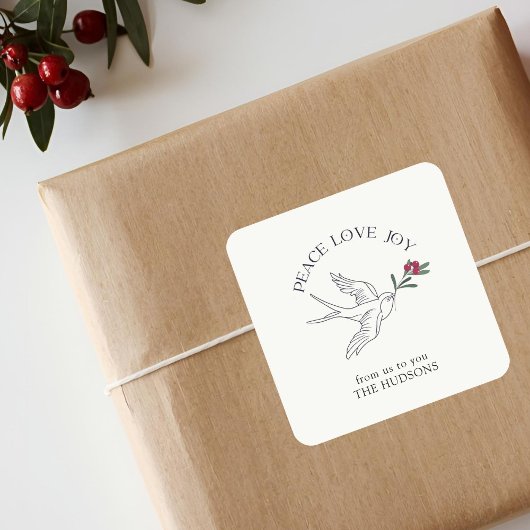 Off-White | Peace Liebe Joy Christmas Snow Bird Quadratischer Aufkleber