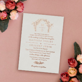 Off White Rose Gold Arch Wreath Monogram Wedding Folieneinladung
