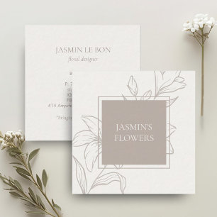 Off-White & Taupe   Chic Floral Label Quadratische Visitenkarte
