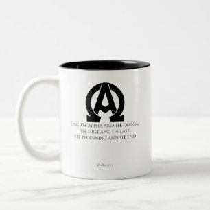 Offenbarung 22:13: "Ich bin das Alpha und das Omeg Zweifarbige Tasse