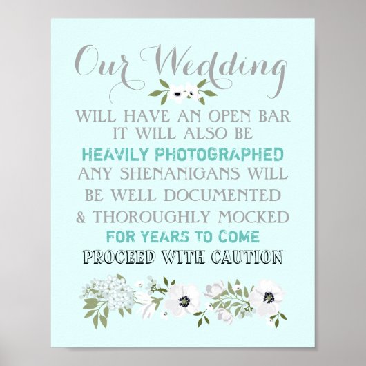 Offene Bar Hochzeit signieren Blumenfreude jeglich Poster (Vorne)