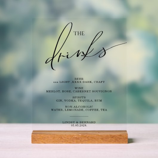 Offene Bar Menu Die Getränke Hochzeitsschild Poste Acrylschild (Neutral)