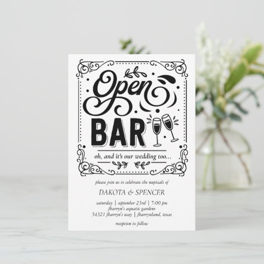 Offene Bar (und Hochzeit) | Einfaches Lässiges Fot Einladung (Stehend Vorderseite)