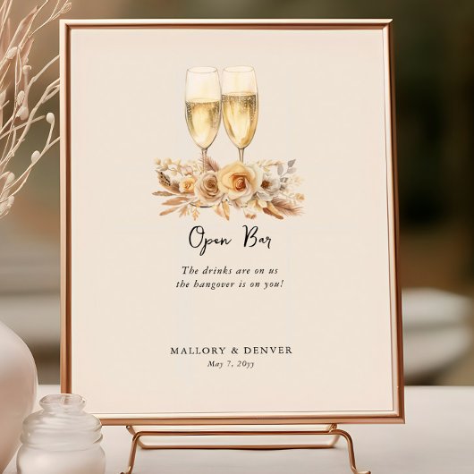 Offene Bar Weinbrille und Blume Neutrale Hochzeit Poster