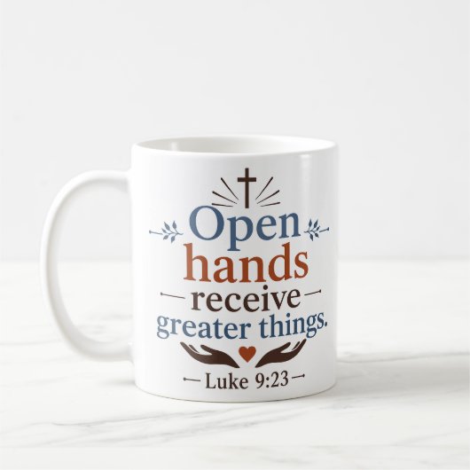 Offene Hände empfangen Größeres Moderne christlich Kaffeetasse (Links)