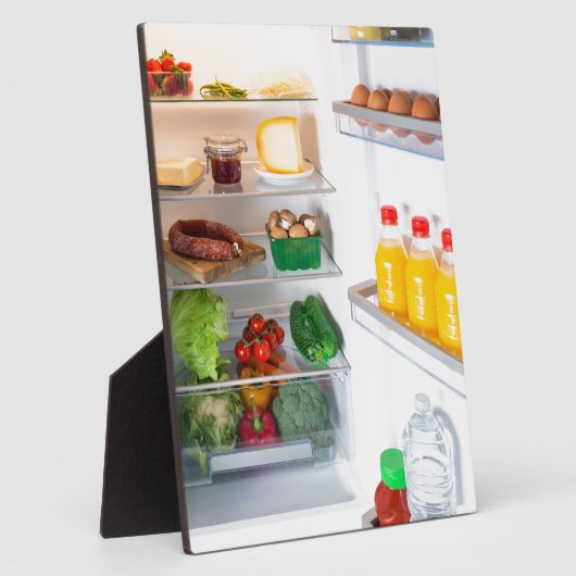 Offener Kühlschrank mit Essen Fotoplatte (Seite)