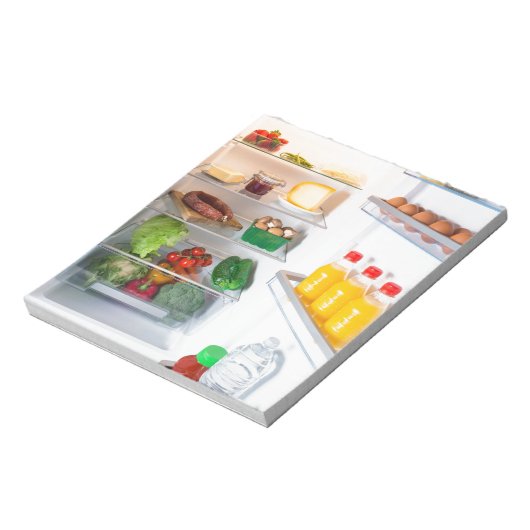 Offener Kühlschrank mit Essen Notizblock (Rotiert)