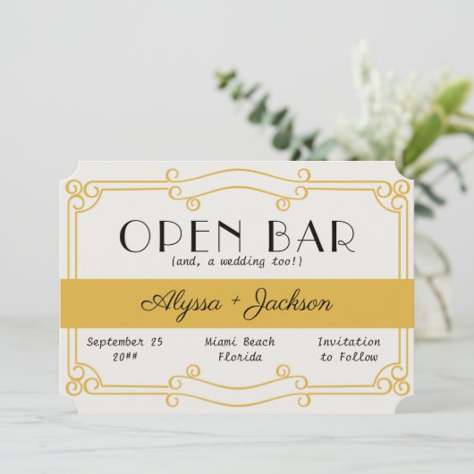 Offenes Bar Art Deco Ocker Gelb und Grau Save The Date (Stehend Vorderseite)