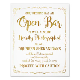 Offenes Bar Hochzeitszeichen Gold Glitzer, Hochzei Fotodruck