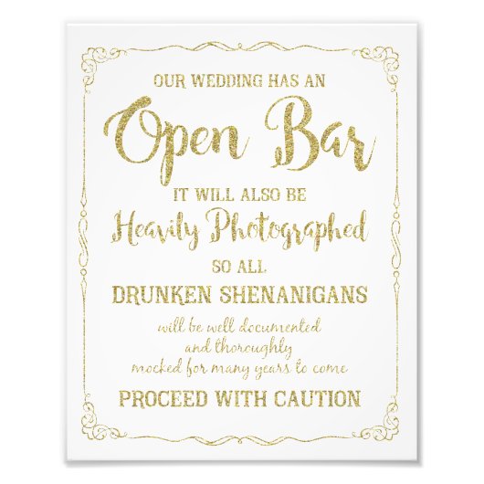 Offenes Bar Hochzeitszeichen Gold Glitzer, Hochzei Fotodruck (Vorne)