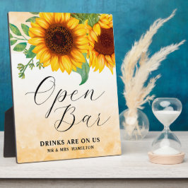 Offenes Bar Sonnenblumenschild Tabletop Plaque Fotoplatte