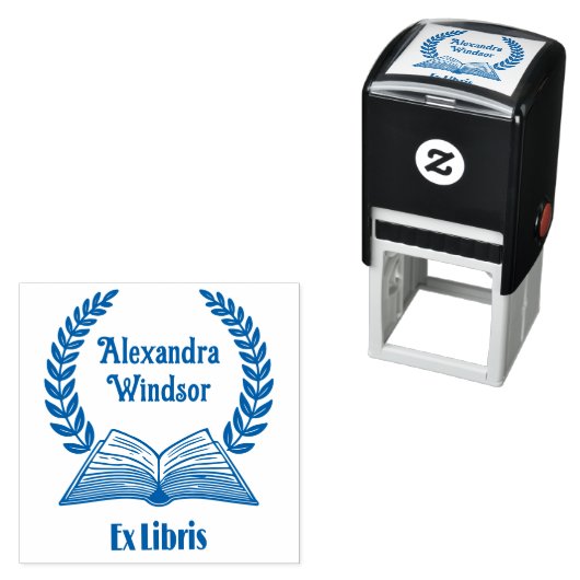 Offenes Buch, Laurel Wreath Ex Libris Name Book Permastempel (Beispiel)