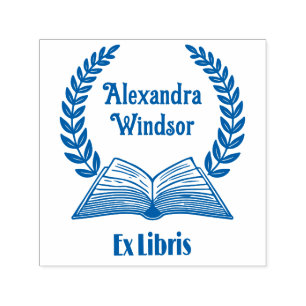 Offenes Buch, Lorbeerkranz Ex Libris Name Buch Permastempel