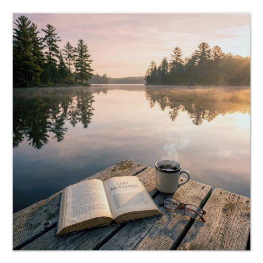 Offenes Buch Mit Kaffee Auf Einem See Steg Poster (Vorderseite)