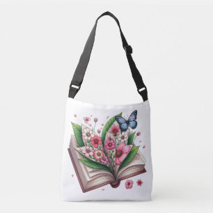 Offenes Buch mit rosa Blüten und Schmetterling Tragetaschen Mit Langen Trägern