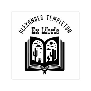 Offenes Buch mit Wüstenlandschaft-Seiten „Ex Libri Permastempel