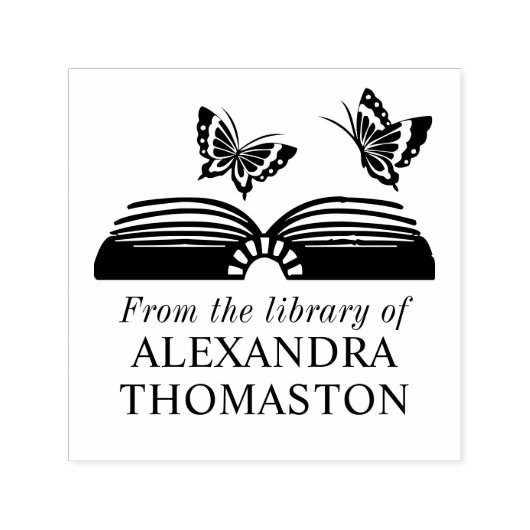 Offenes Buch mit zwei Butterfly Library Book Name Permastempel (Design)