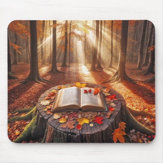Offenes Buch über den Baumstumpf im Herbst Mousepad (Vorne)