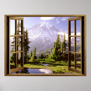 Offenes Fenster am Berg Rainier Poster