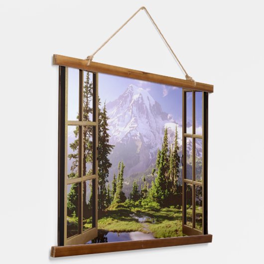 Offenes Fenster am Berg Rainier Wandteppich Mit Holzrahmen (Gewinkelt)