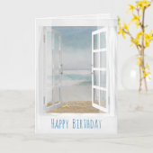 offenes Fenster und Meeresszene mit Seestern Karte (Gelbe Blume)