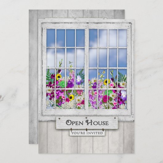 OFFENES HAUS, EINLADUNG, Rustikales Fenster/Blume- Einladung (Vorne/Hinten)