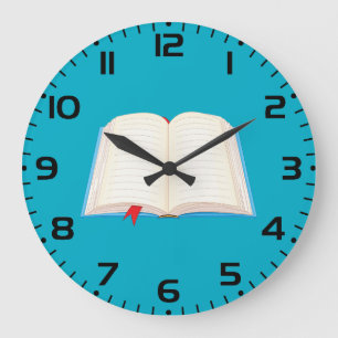 Offenes liniertes Buch mit rotem Lesezeichen Große Wanduhr