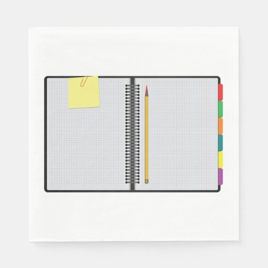 Offenes Notebook und Bleistift Serviette (Vorderseite)
