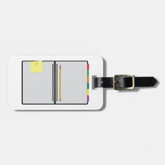 Offenes Notizbuch mit Graphitpapier und Bleistift Gepäckanhänger (Vorderseite horizontal)