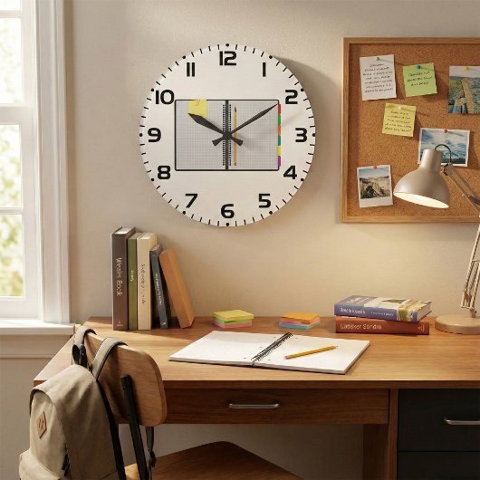 Offenes Notizbuch mit Graphpapier und Bleistift Große Wanduhr