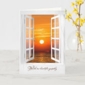 offenes weißes Fenster mit Sonnenuntergang Beileid Karte (Gelbe Blume)