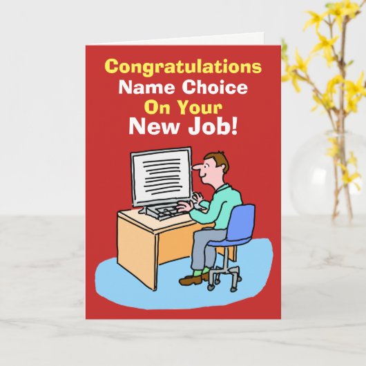 Office-Mitarbeiter am Computer. Neuer Job. Karte (Gelbe Blume)